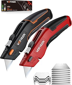 VOTREK 2-Pack Box Cutter Utility Knife, [2-in-1] Retractable Box Cutter, Heavy Duty Safety Sharp Razor Knife for Home & Warehouse Cardboard, Carpet, [Blade Storage], with Extra Razor & Hook Blades