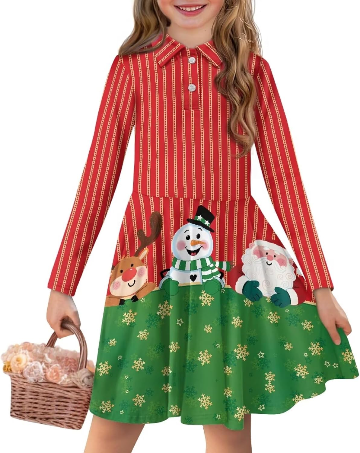 Girls A-Line Dress Fall Long Sleeve Sundress Casual Lapel Collar Dresses for Outing Gifts