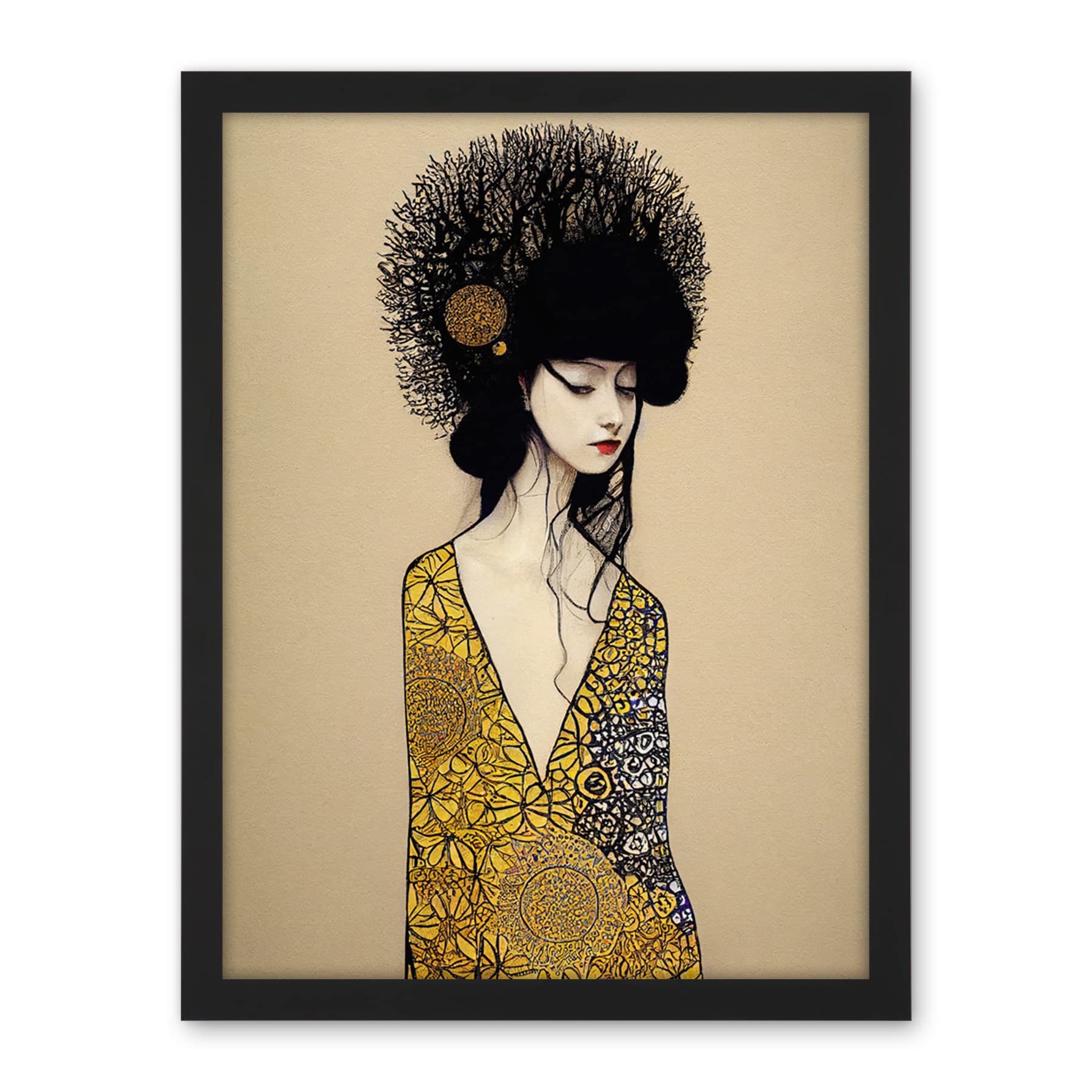Wee Blue Coo The Goddess in Gold Black Klimt Style Robe Artwork Framed Wall Art Print 18X24 Inch