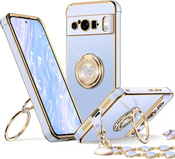 XYZ for Pixel 8 Pro Case with Stand, Pixel 8 Pro Case with Double Ring, Women Girls Bling Luxury Protective Phone Case Heart for Google Pixel 8 Pro, Blue