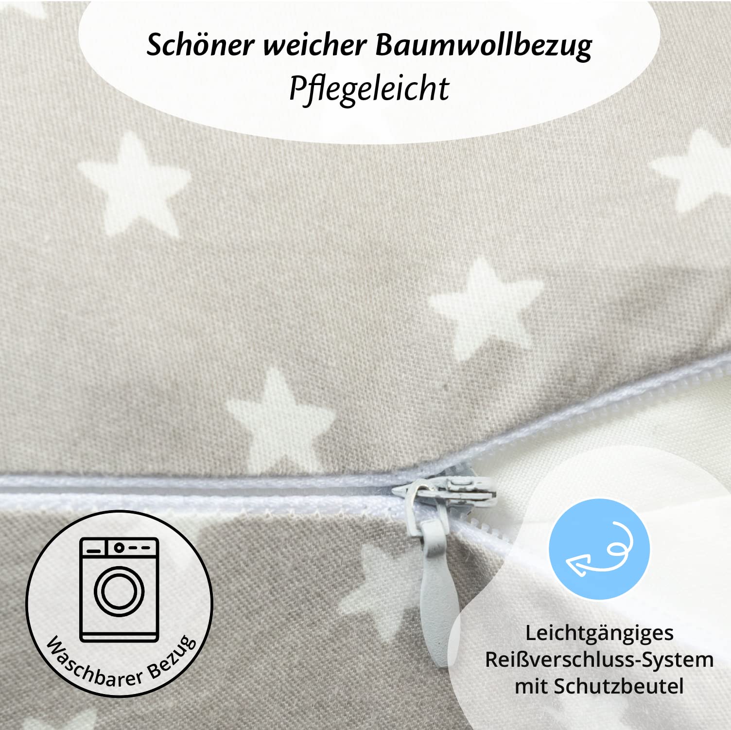 Ella NP-GreyStars - Cuscino per allattare e nutrire comodamente i bambini, poggiatesta imbottito per neonati con rivestimento in cotone rimovibile - grigio con stelle