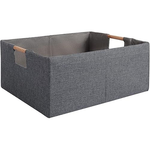 Fabric Storage Bin Box Foldable Cotton Linen Storage Basket with Wooden Handles Rectangular Cube Decorative Home Laundry Organizer Clothes Blanket Container – Gray, Large