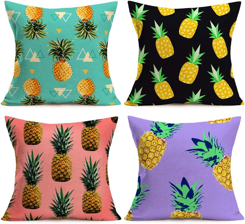 Colorful Pineapple Throw Pillow Covers Summer Tropical Fruit Pineapple Pillow Cases Cotton Linen Square Throw Pillow Cushion Cover 18’’x18’’ for Sofa Couch Bedding,Set of 4