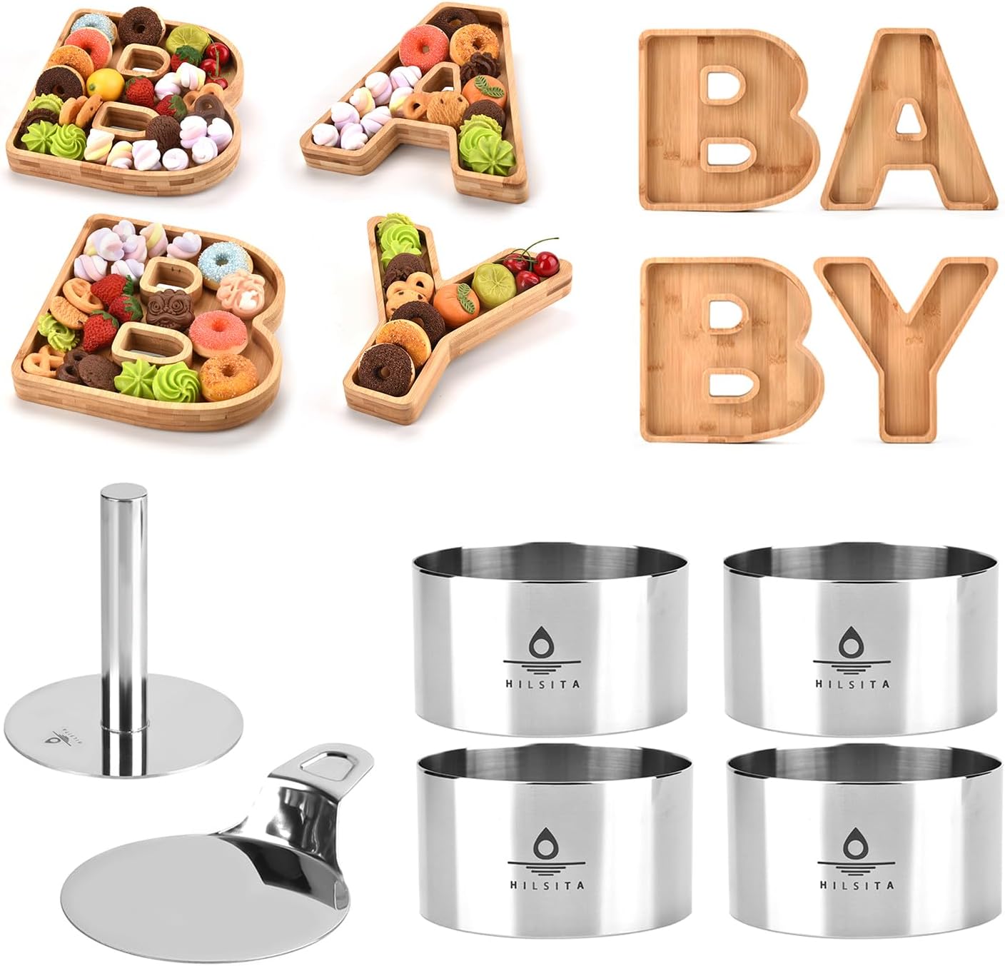 Hilstita 6 Pcs 4 inch Cake Ring Molds with Pusher & Lifter + Wooden Baby Serving Tray Set