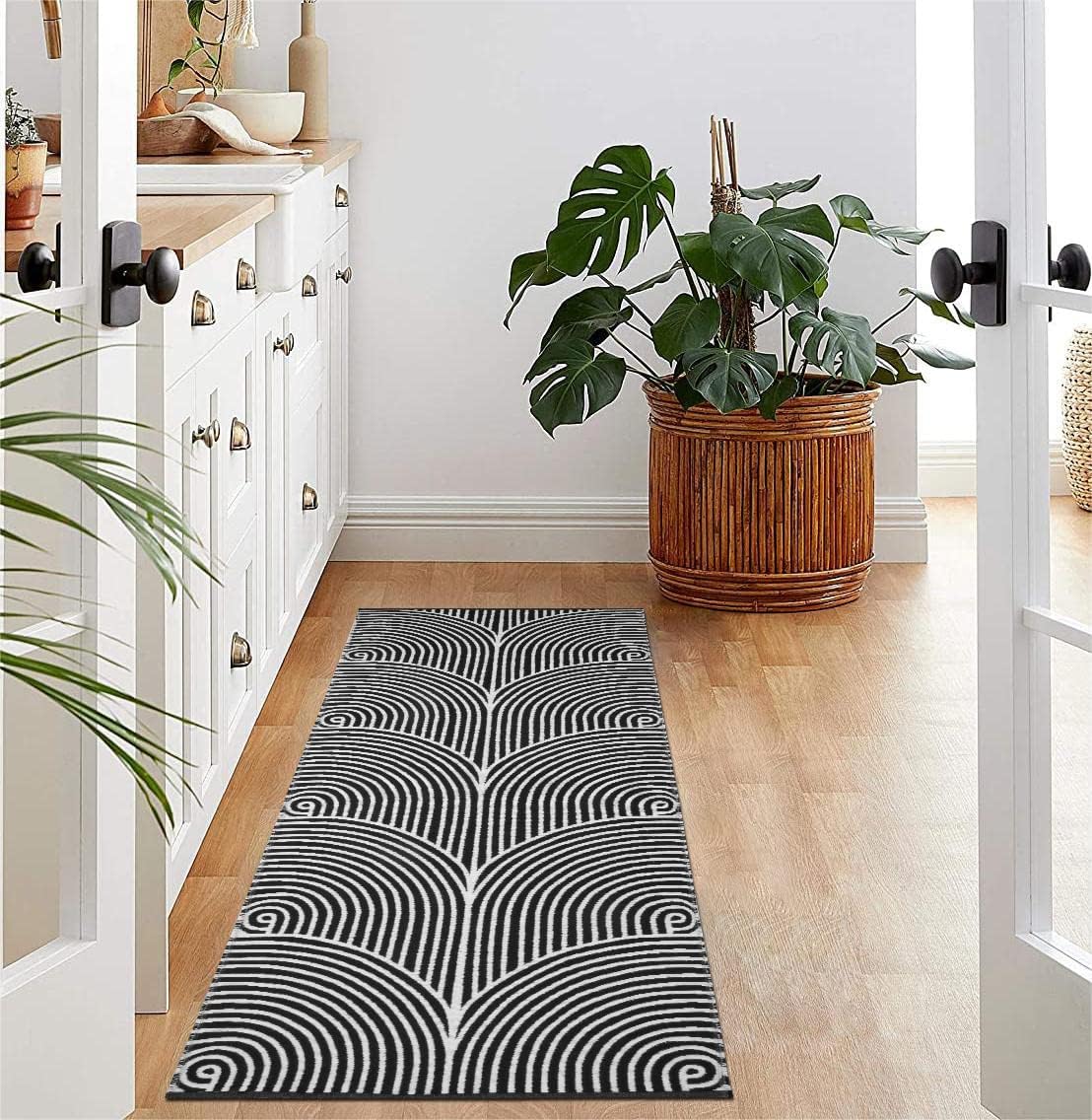 Tiffasea Washable Runner Rug 2'X5', Cotton Woven Kitchen Runner Entryway Rug Black and White Indoor/Outdoor Throw Carpet Modern Area Rug for Hallway Bedroom Laundry Room