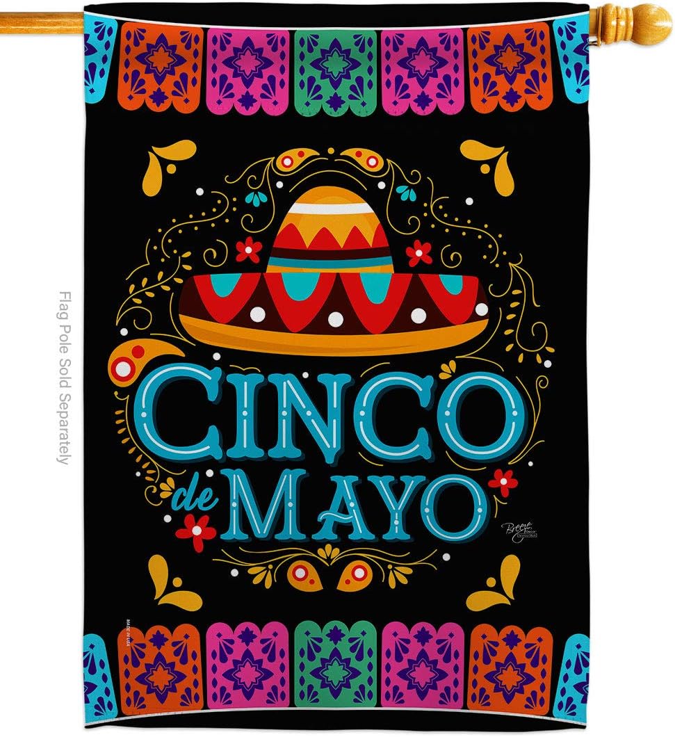 Breeze Decor Picado Cinco de Mayo House Flag - Summer Party Cactus Pinata Sombrero Mexican Fiesta Outdoor - Decoration Banner Small Garden Yard Gift Double-Sided Made in USA 28 X 40