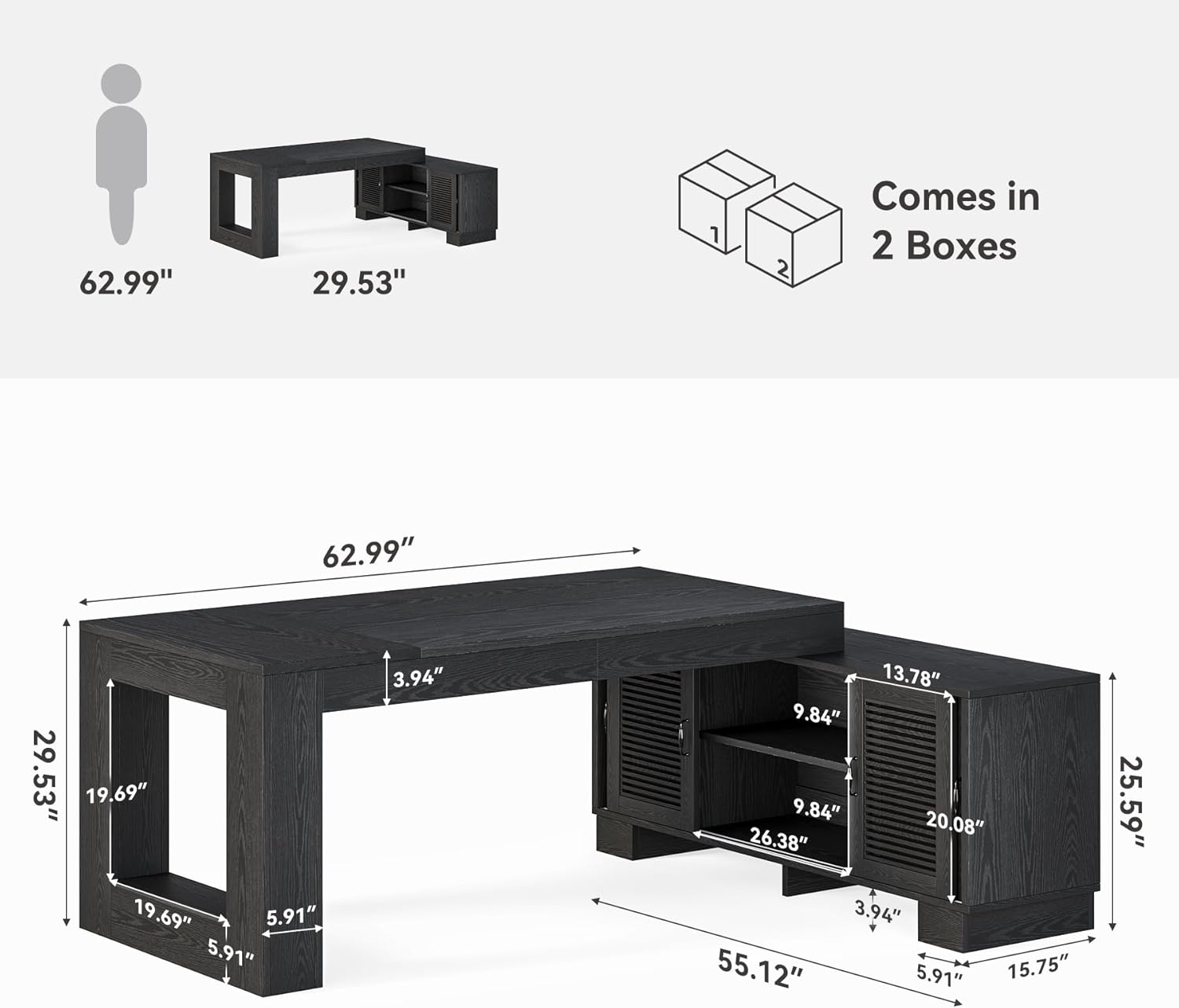 LITTLE TREE L Shaped Executive Desk, Large 63" Executive Desk with File Cabinet, Modern L Shaped Desk, Corner Computer Desk for Home Office & Business Furniture Workstation, Black