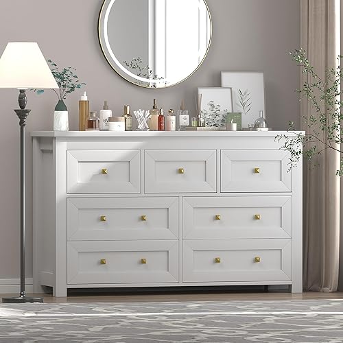 Miniatura 1 de Boonatu Cómoda blanca para dormitorio con 7 cajones, cómoda blanca, cómoda rústica de madera con asas de metal, cómoda moderna para dormitorio con