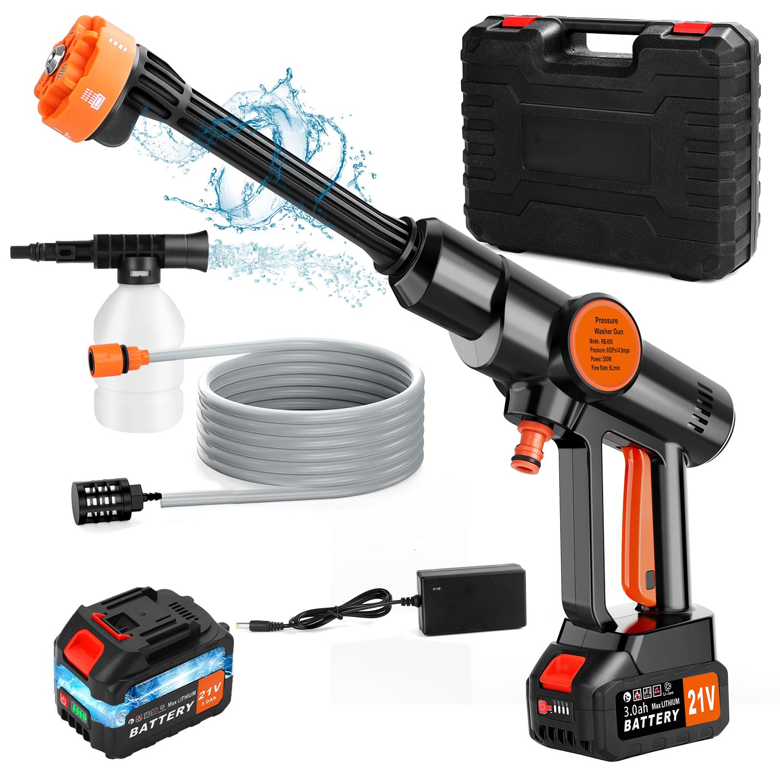 Lmozim Cordless Pressure Washer, 6 in 1 Portable Power Washer for Patio and Car, Battery Pressure Washer with Snow Foam et 5M Hose Cordless Power Washer For Garden Irrigating and Car/Floor/Patio Clean
