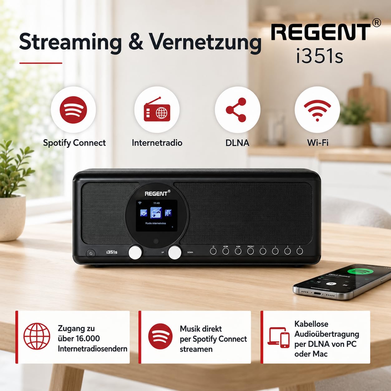 Ferguson Regent i351S – Internetradio WLAN, DAB+ Radio mit Bluetooth, Spotify Connect, Farbdisplay, Dual Alarm, Fernbedienungs-App, einzigartige Bluetooth-Sender Two Way BT (Schwarz)