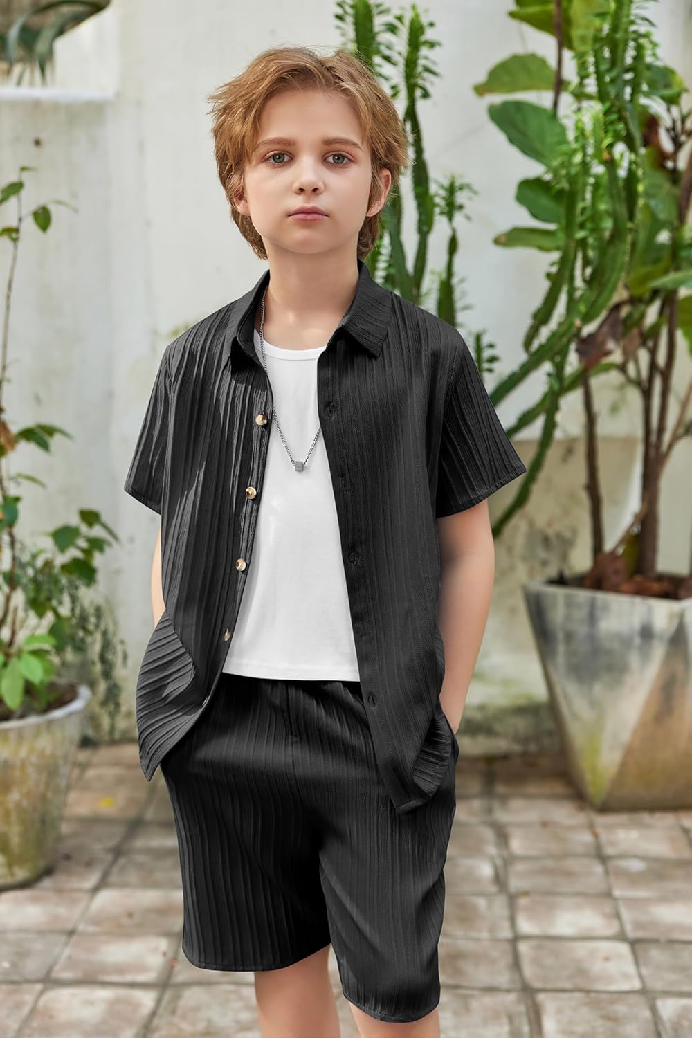 Arshiner Boy's Textured Button Up Shirt and Shorts Set 2 Piece Summer Beach Outfit for 5~12 Years Kids - Image 2