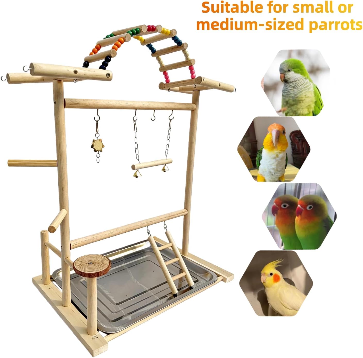 Bird Play Stand with Beads & Swing for Parrots | Multi-Level Natural Wood Stand | Perfect for Parakeets, Cockatiels & Small Parrots | Engaging Bird Perch & Toys