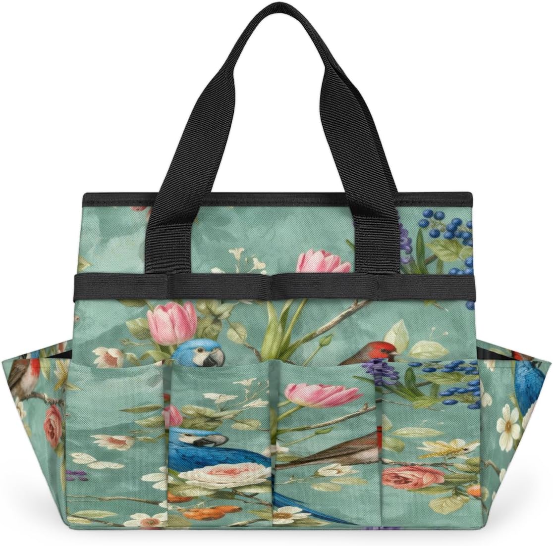 Retro flower and bird images Garden Tool Bag, Heavy Duty Gardening Tote Bag with 10 Pockets,Standable Garden Home Tool Kits Organizer,Gardening bag for women Men Indoor and Outdoor Gardening.
