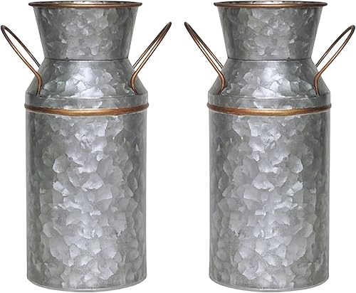 Miniatura 10 de Hosley Lata de Leche Galvanizada - Jarrón Rústico de 9.75" de Altura, Jarrón de Granja, Jarrón de Flores Vintage para Arreglos Florales, Bodas, Spa