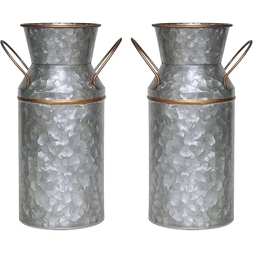 Hosley Set of 2 Galvanized and Gold Milk Can/Jug Farmhouse Décor, 9.25" H Country Metal Flower Rustic Jug for Artificial Flower, Vintage Charm with Versatile Home Accent Floral Arrangements