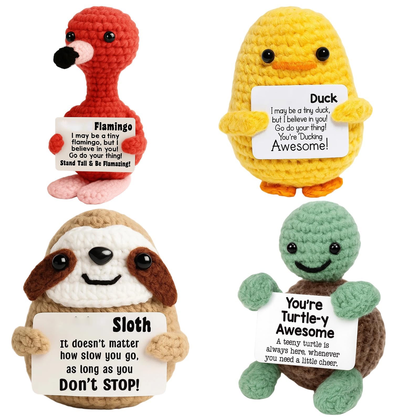 4PCS Positive Crochet Animals, Decor for Desk and Car Dashboard, Emotional Support Gift for Students During Exams and Office Workers, Handcrafted Crochet Animals Set