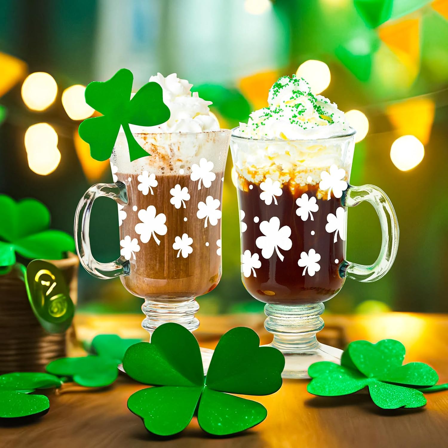 Sliner 6 Pcs St. Patrick's Day Shamrock Hot Chocolate Mugs with Handle 8 Ounce Original Footed Clear Glass Irish Coffee Mug for Hot Beverages, Iced Coffee, Latte, Hot Chocolate