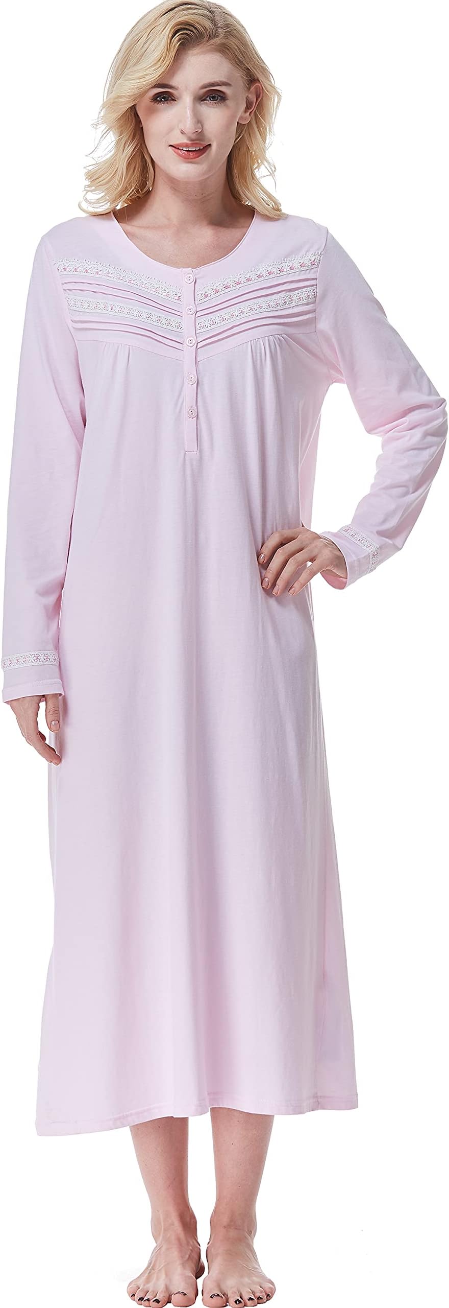 Nightgowns for Women, Soft 100% Cotton Knit Nightgowns, Comfy Long-Sleeve Ladies Sleepwear Gown for Mom