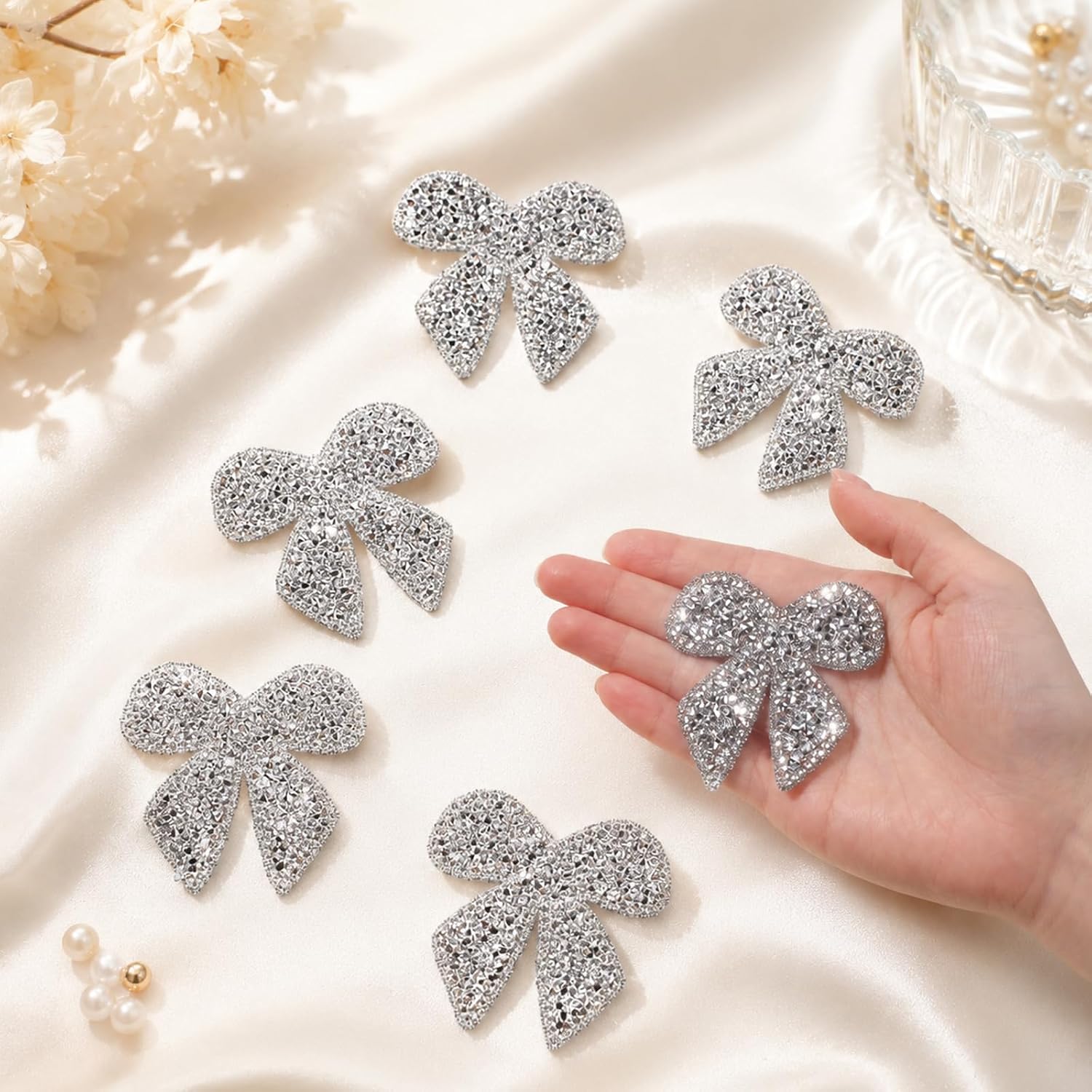 6PCS Bow Rhinestone Patches, Glitter Bowknot Applique, Silver Self-Adhesive | Glitter Silver Bow Shape Hot Glue Iron On Patches, Bow Iron On Patch, Self-Adhesive Patches for DIY Crafts, Clothes, Bags