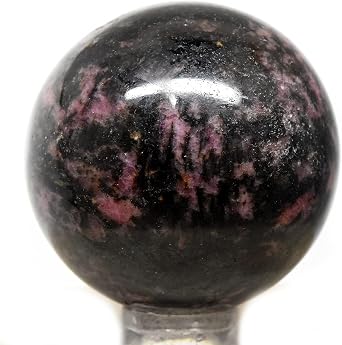 42mm Pink Rhodonite w/Black Manganese Oxide Sphere Natural Mineral Ball Fluorescent Mineral Polished Gemstone - Madagascar + Stand