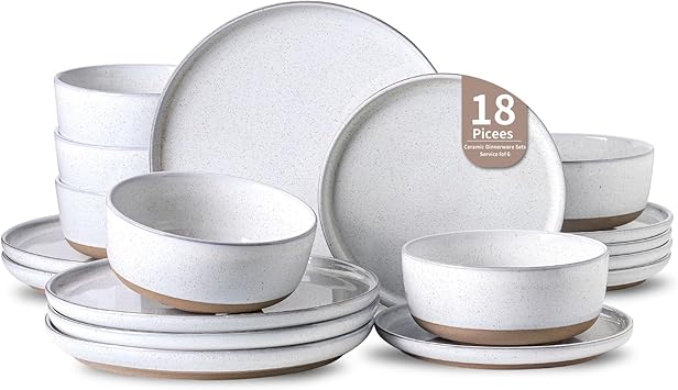 HASENSE Plates and Bowls Sets, 18 Pieces Porcelain Dishes Sets Service for 6, Stoneware Dinnerware Sets with Speckled Pattern