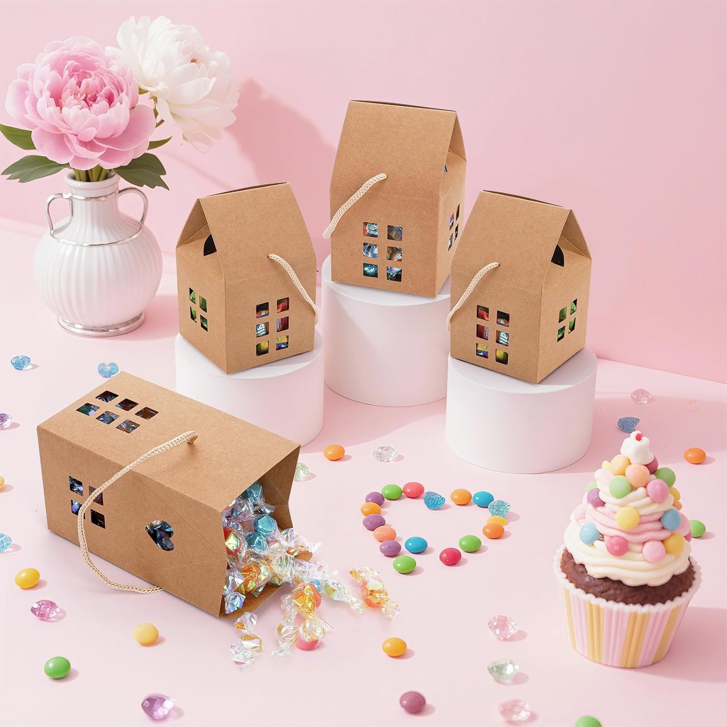 ZAVOOS 50 Pack House Shaped Gift Boxes, Kraft Paper Treat Box with Ropes for Party Favor, Small Decorative Candy Packing Boxes Bulk for Wedding, Housewarming, Birthday, 3.2'' x 3.2'' x 5''