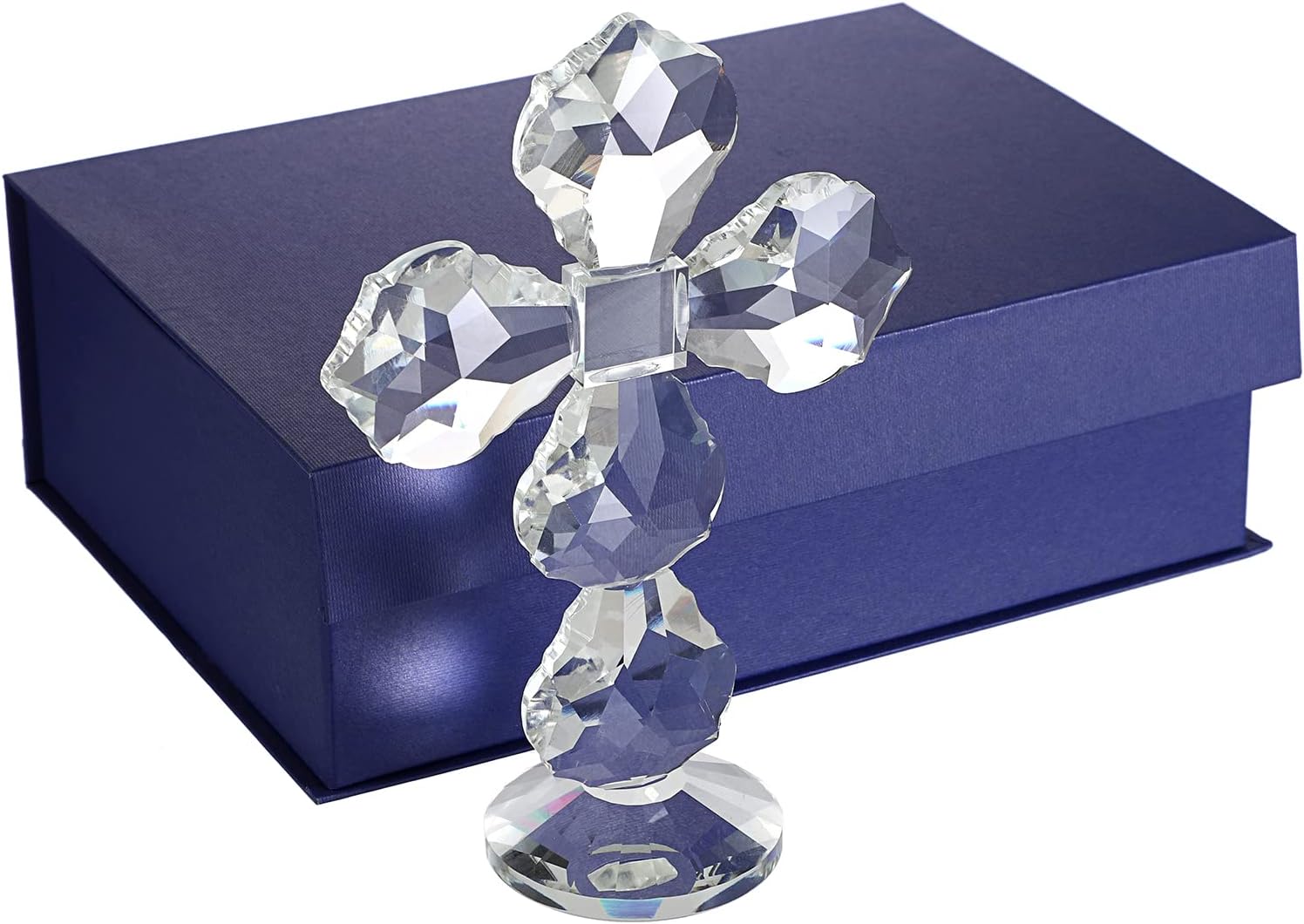 JUXYES Decorative Crystal Standing Cross Tabletop Figurine Ornament, Maple Leaf Glass Craft Traditional Cross Centerpiece with Gift Box