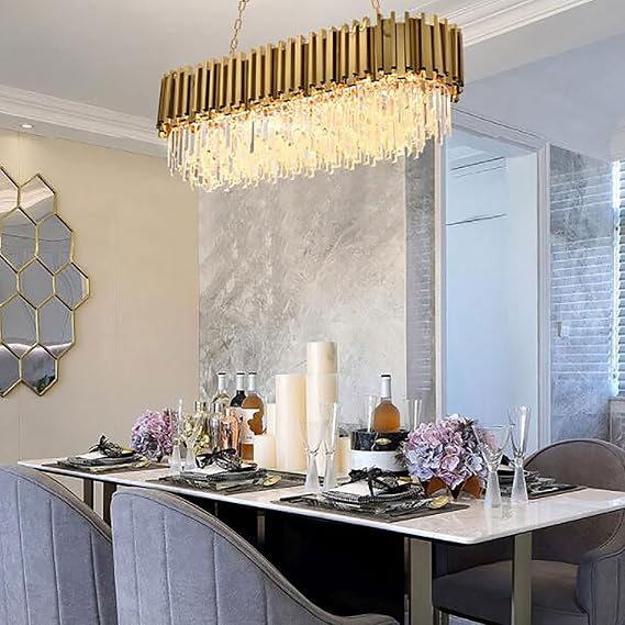 Modern Crystal Chandelier,Luxury LED Pendant Light Fixture Oval Raindrop Chandelier Adjustable Height for Villa Hotel Living Room Dining Room Kitchen Island-Gold 80x30cm