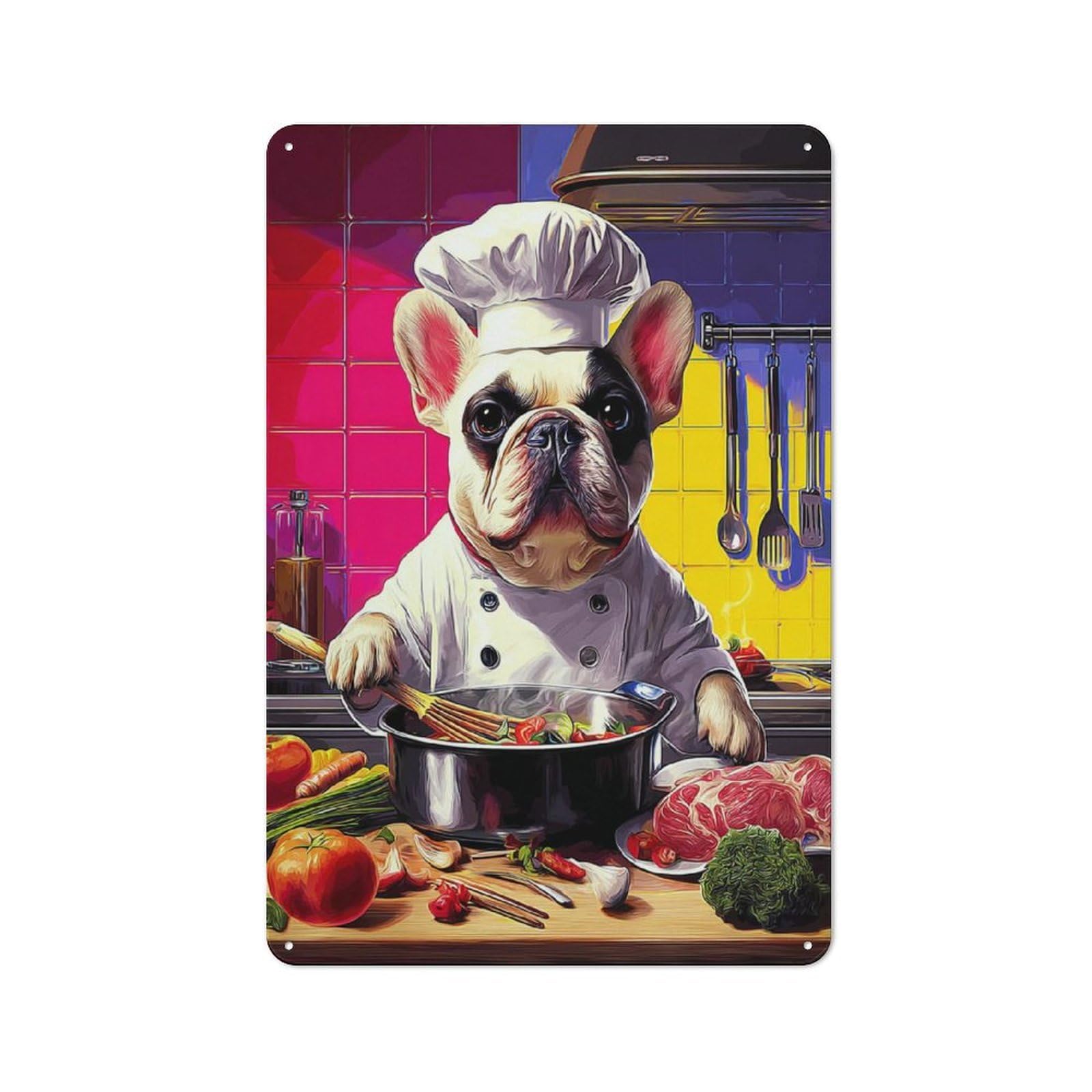Bulldog Chef Cooking Farmhouse Metal Sign 30x20cm, Barn Style Rustic Kitchen Decor for Cottage, Kitchen, Hallway Or Breakfast Nook