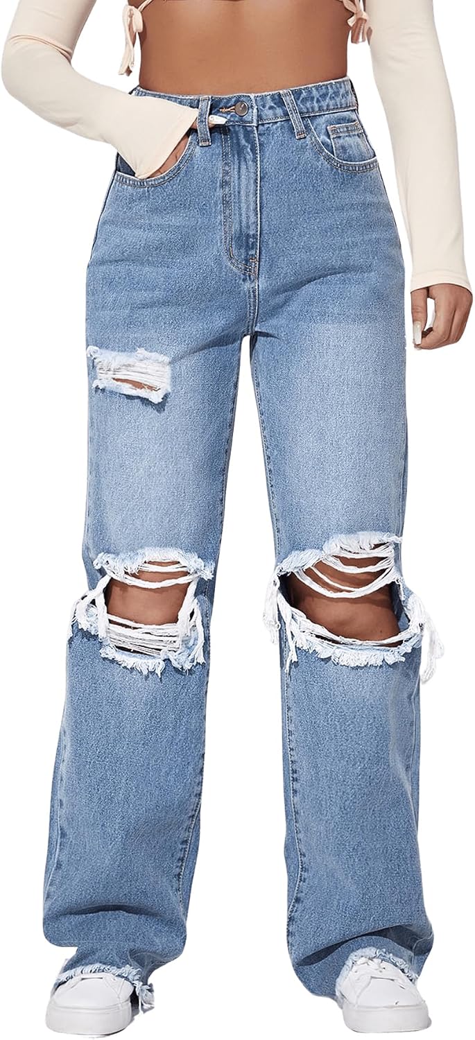Milumia Women’s Cut Out Ripped Wide Leg Jeans High Waist Distressed Denim Pants