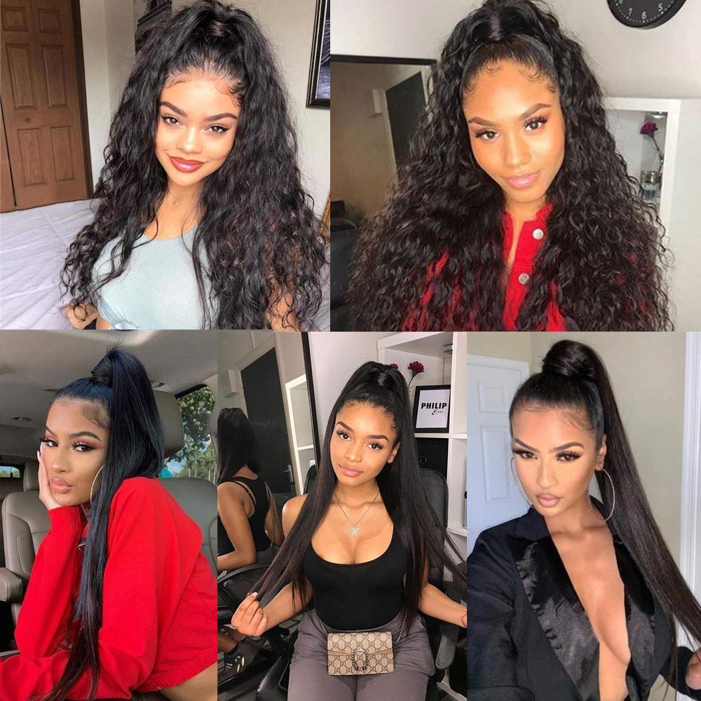 3 Pack Long Ponytail Extension 22 Inch Wrap Around Black Synthetic Ponytail Magic Paste Ponytail Hairpiece for Women (Straight+Corn Wave+Curly Wave)