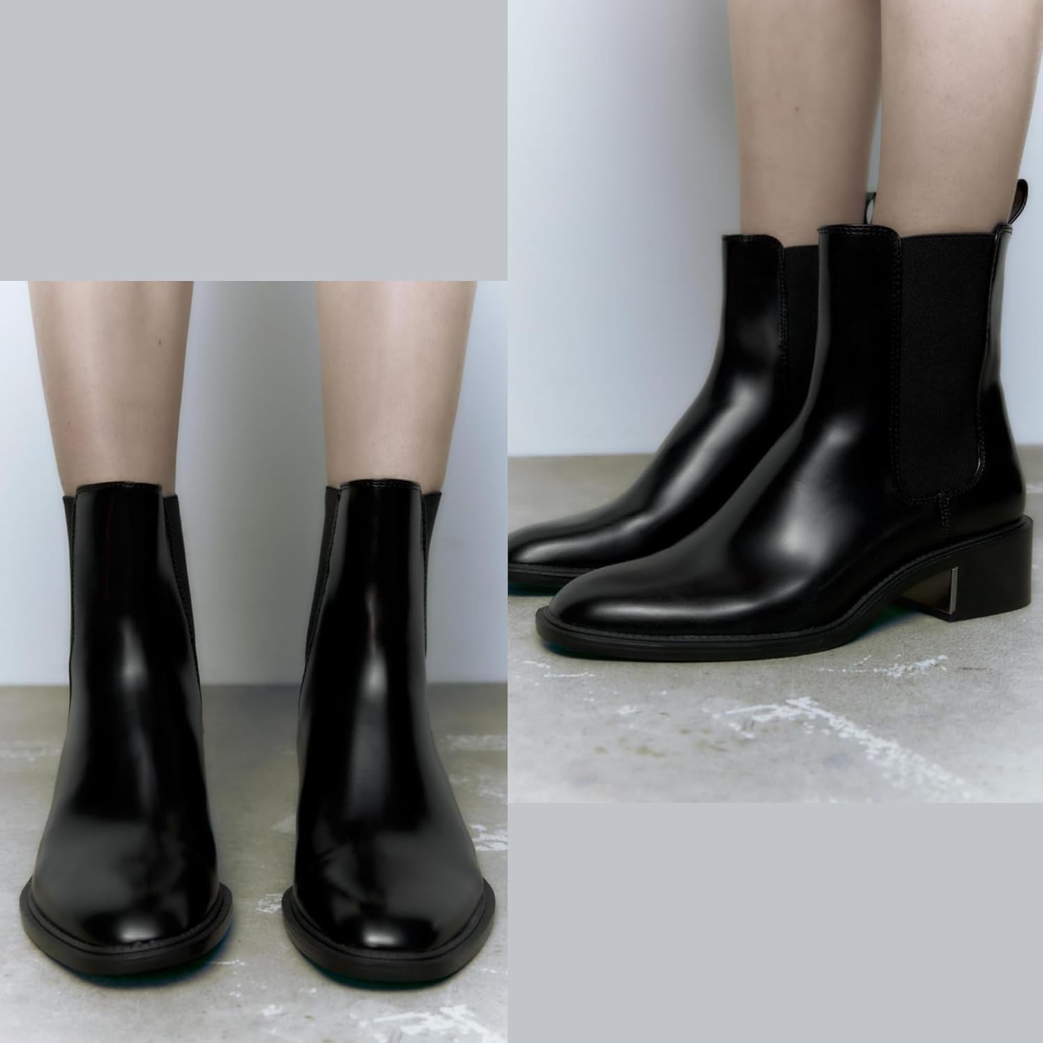 Black Chelsea Boots for Women, Slip-On Ankle Boots Elastic with Gold/Silver Trim Low Chunky Heel, Fashion Fall Booties Casual Dressy (Black/Beige, US Women Size 6-10)