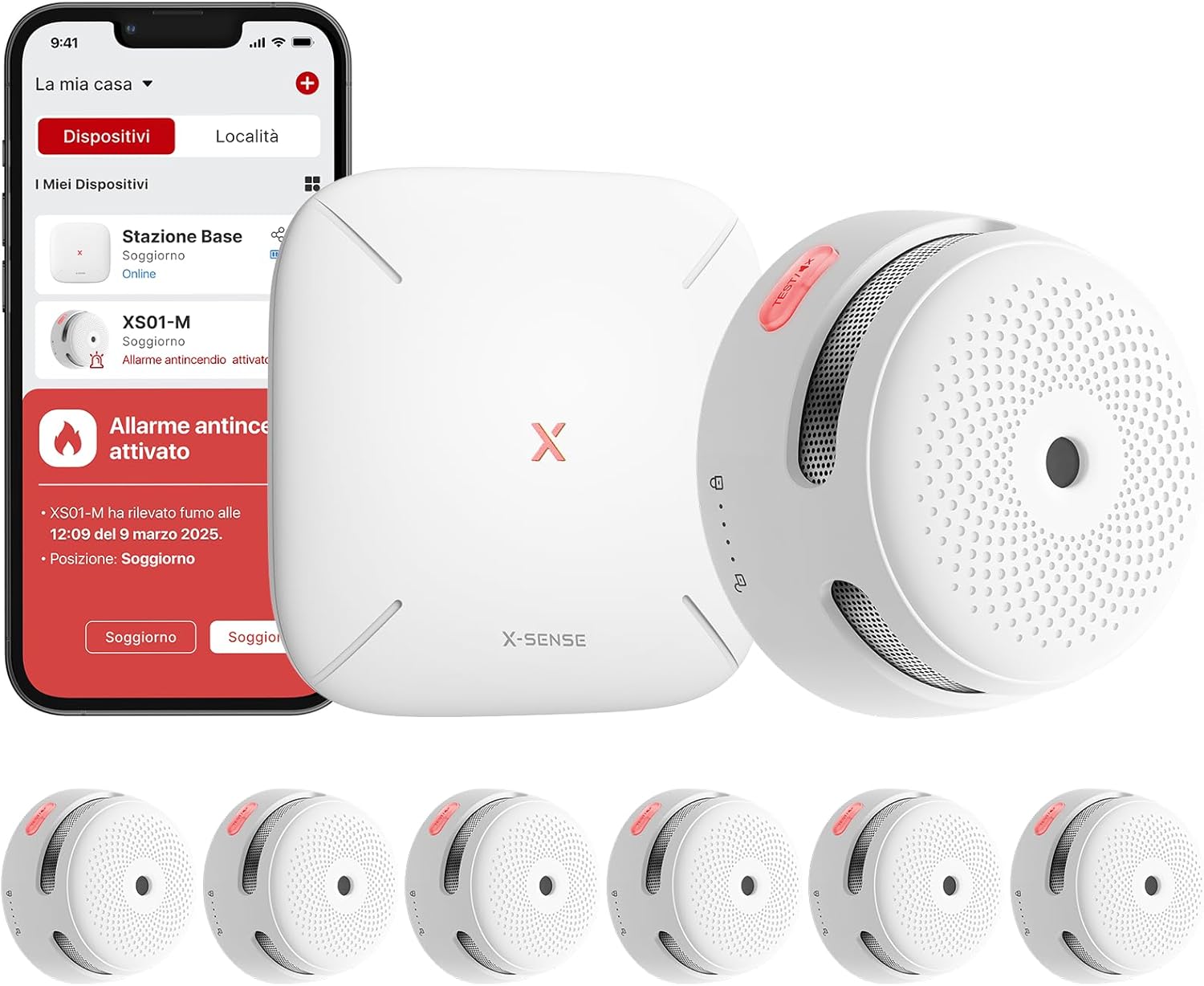 X-Sense Rilevatori di Fumo Intelligenti con Stazione Base SBS50, Sistema di Allarme Domestico, Compatibili con l’App X-Sense, Allarme Antincendio Kit per Case, 6 Rilevatori + 1 Stazione, FS61