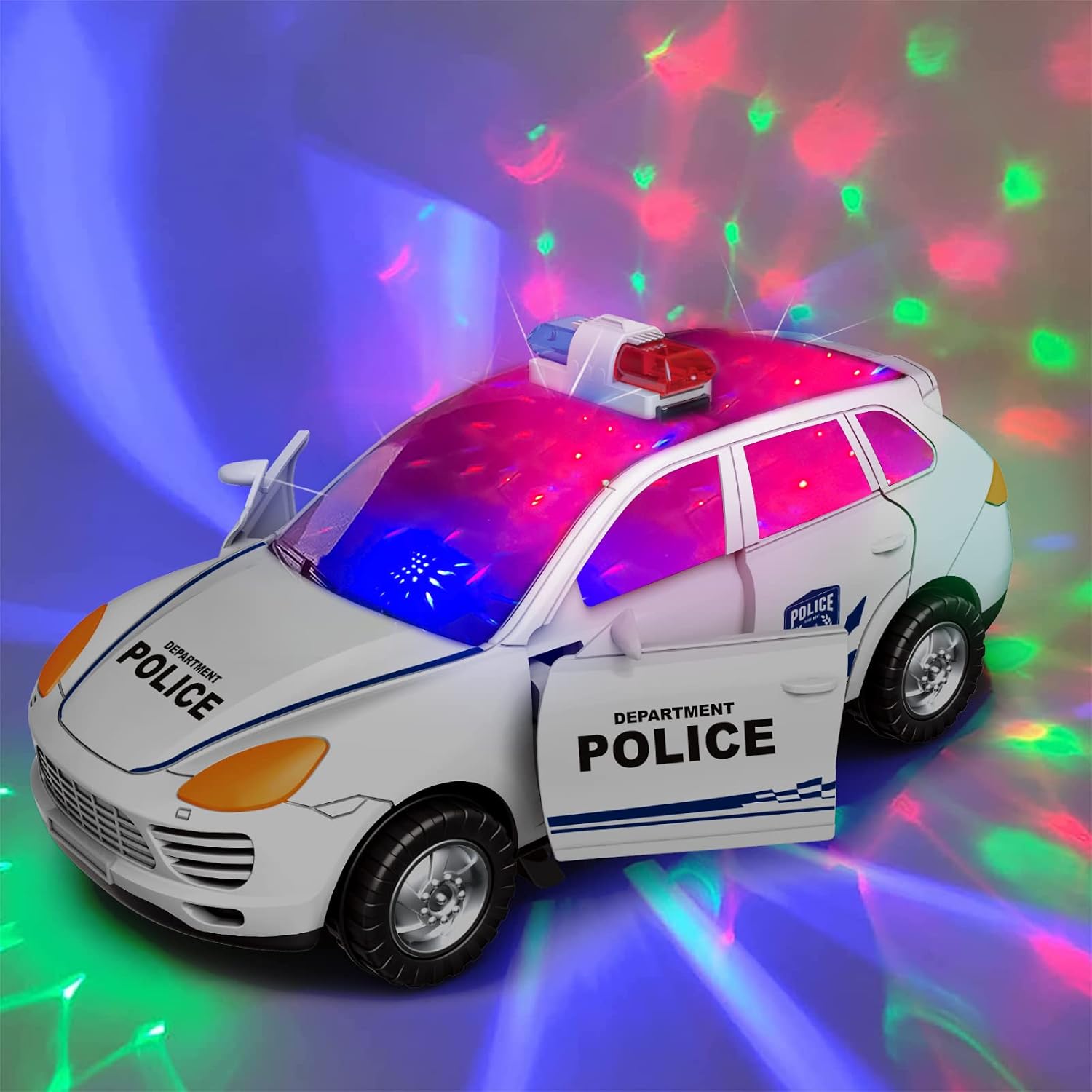 Police Car Toy for Kids with 4D Lights & Sounds- Battery Operated Automatic Bump & Go Toy Cars,Toddler Toys for 3 4 5 6 Years Old Boys Gifts- Police Knowledge Learning & Imagination Development-White