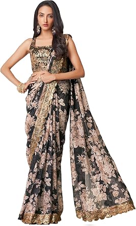 Cbazaar Ready To Wear Indian Outfit sarees for Women, Traditional Printed Sari, Wedding Indian saree with stitched blouse