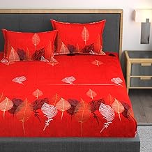 Cotton Feel Glace Cotton Elastic Fitted Printed King Size Double Bed Bedsheet with 2 Pillow Covers Fits Upto 8 Inches Mattress,Size- 72X78X10 Inches, Red, 300 Tc