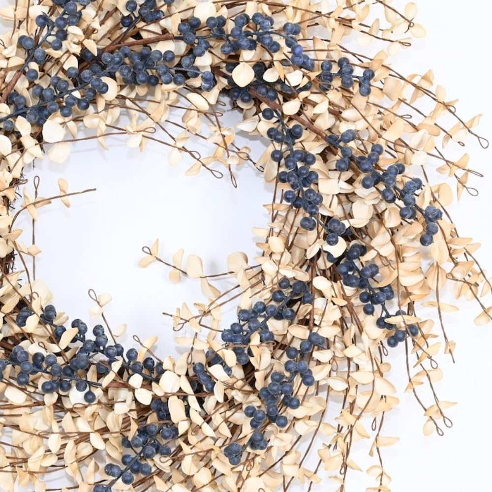 26 Inch Wreath for Front Door All Seasons, Rustic Farmhouse Decor with Cream Eucalyptus Leaves and Deep Blue Berries, Handcrafted Floral Wall Hanging for Mantel Entryway Home