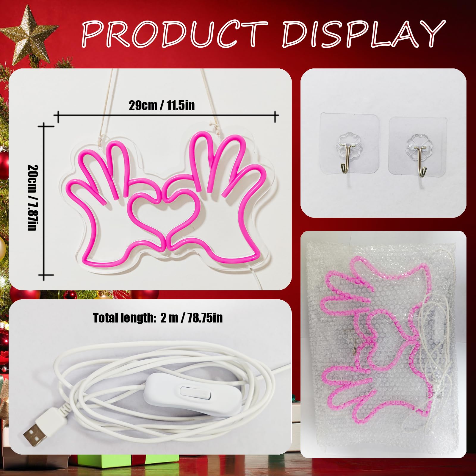 Insegna al neon con mani a forma di cuore, alimentazione USB, decorazione per la stanza, insegne al neon per decorazione da parete, luci al neon a LED per camera da letto delle ragazze, dormitorio,