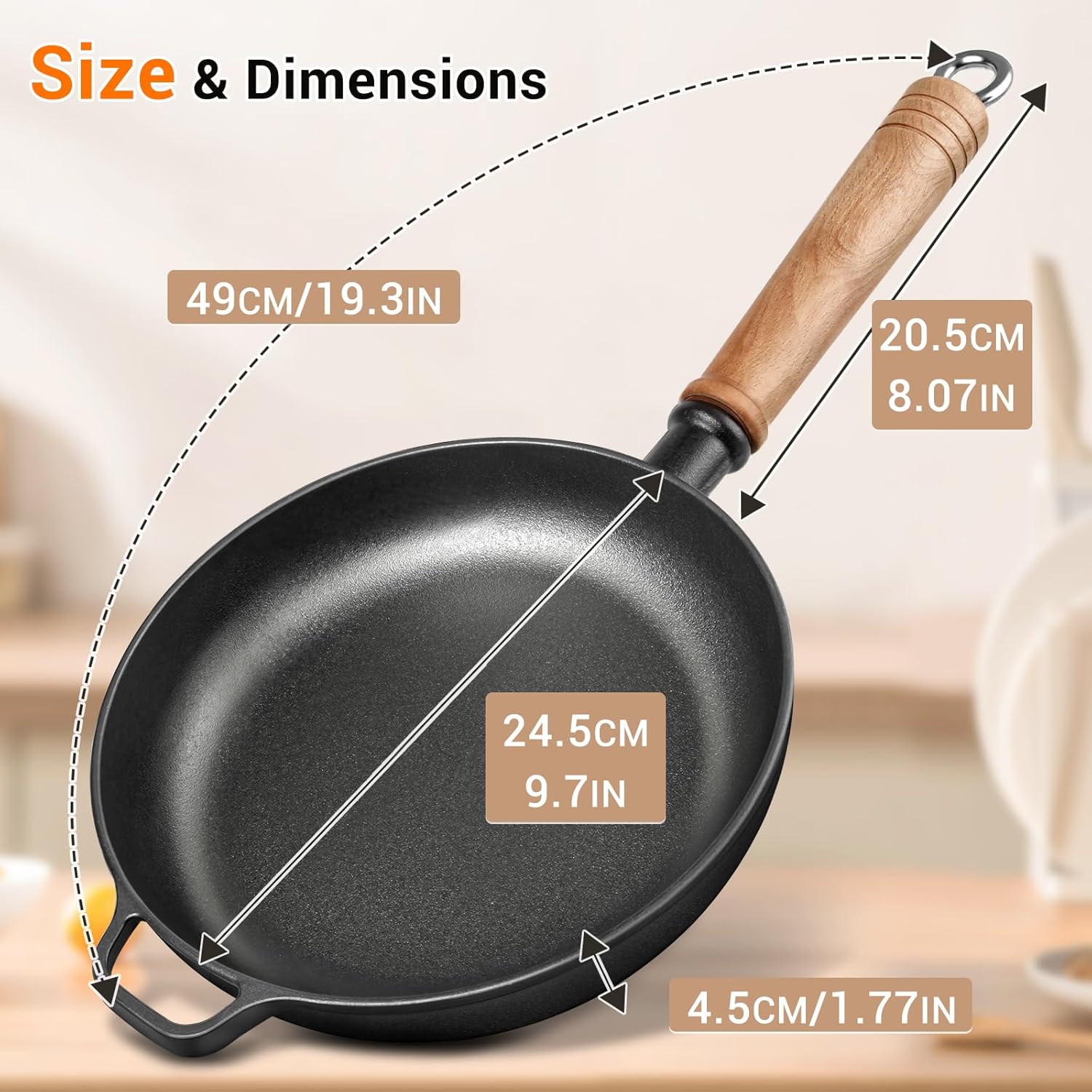 9.7" Cast Iron Skillet with Lid & Removable Wooden Handle, Pre-Seasoned Frying Pan for Stove, Oven, Grill & Campfire Cooking - Image 2