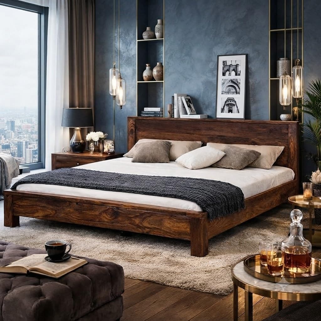 MARUKRITI Art Sheesham Wood Queen Size Bed for Bedroom Living Room| Solid Wood Platform Bed Without Storage for Hotel | Rosewood Palang Cot | Double Bed | (Antique, Queen)-image-41