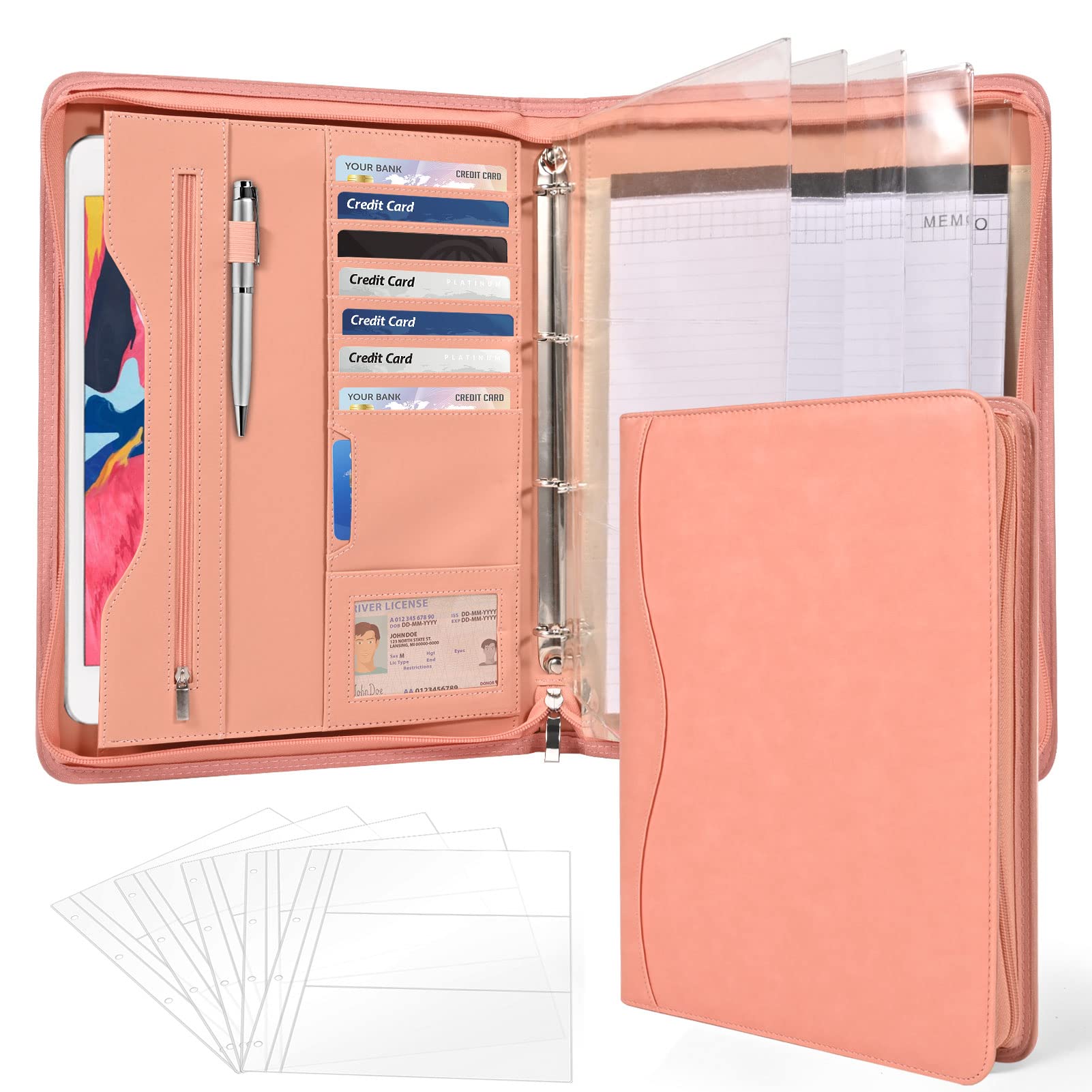 Porte-documents organiseur d'affaires et carnet de notes à anneaux amovibles, classeurs à fermeture éclair pour homme et femme (rose)