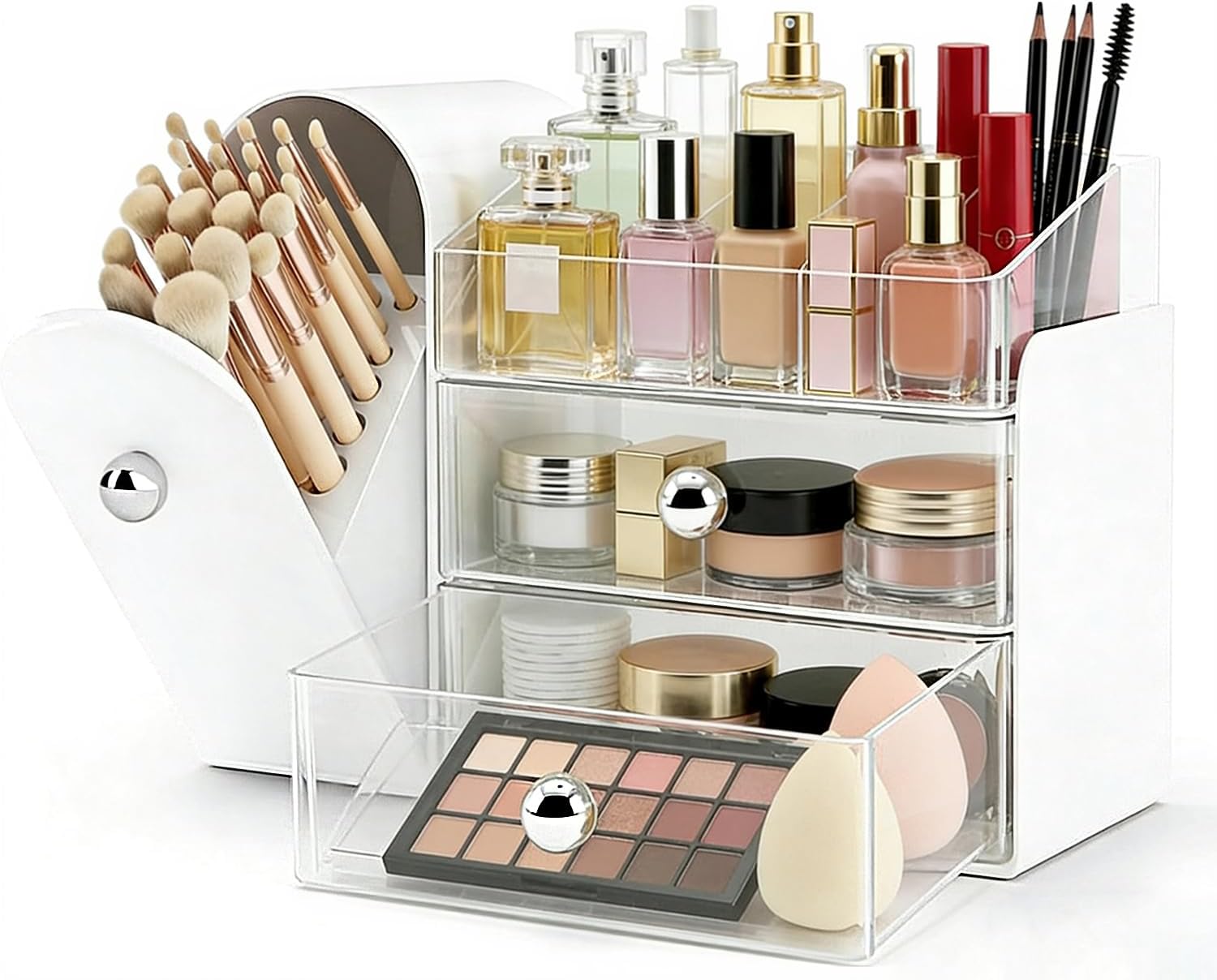 Makeup Organizer with Brush Holder, Large Cosmetic Storage, Skincare Organizer for Bathroom Countertop, Vanity Organizer for Lipstick, Perfume, Nail Polish, White