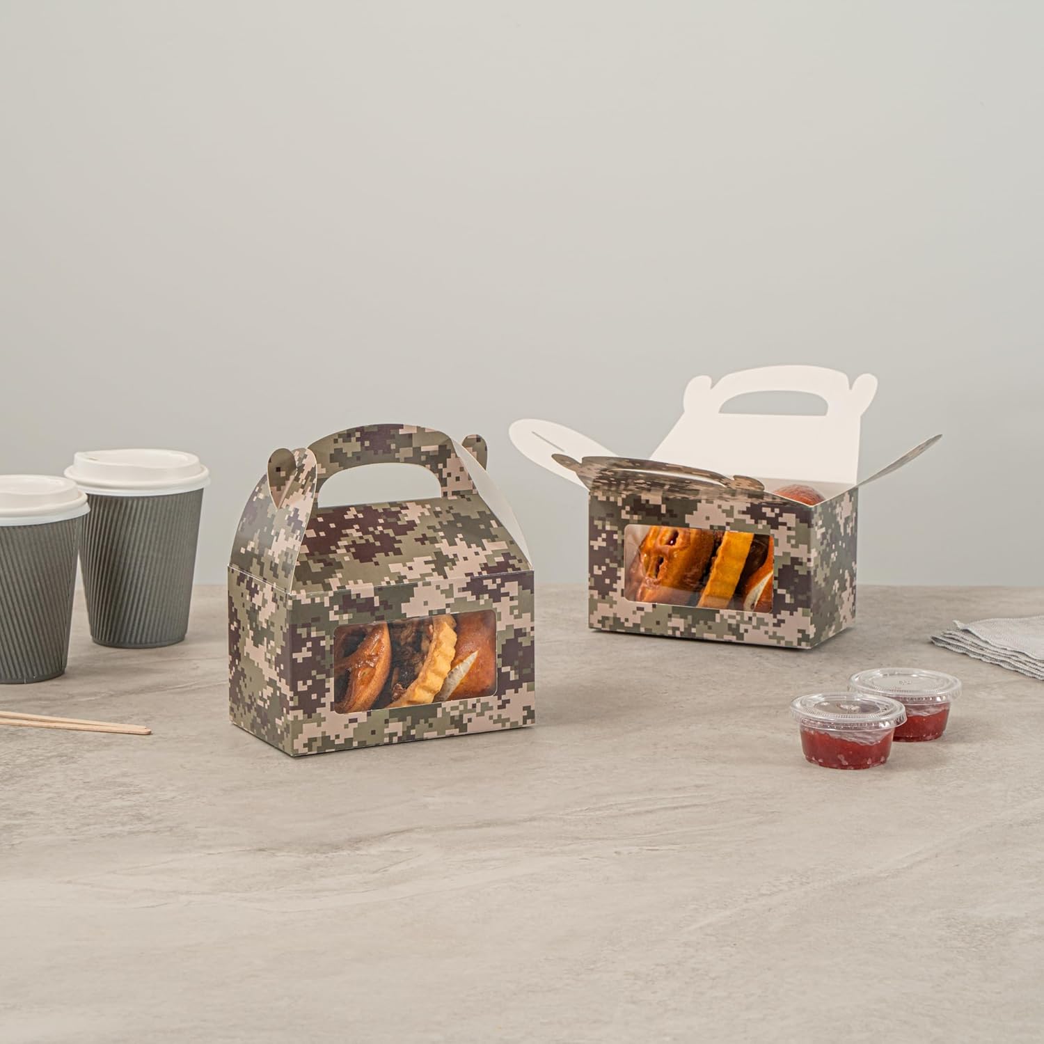 Bio Tek 6 x 3.5 x 3.5 Inch Gable Boxes For Party Favors, 25 Attractive Gift Boxes - Camouflage Print, Built-In Handle, Paper Barn Boxes, With Clear PET Window, For Parties - Image 10