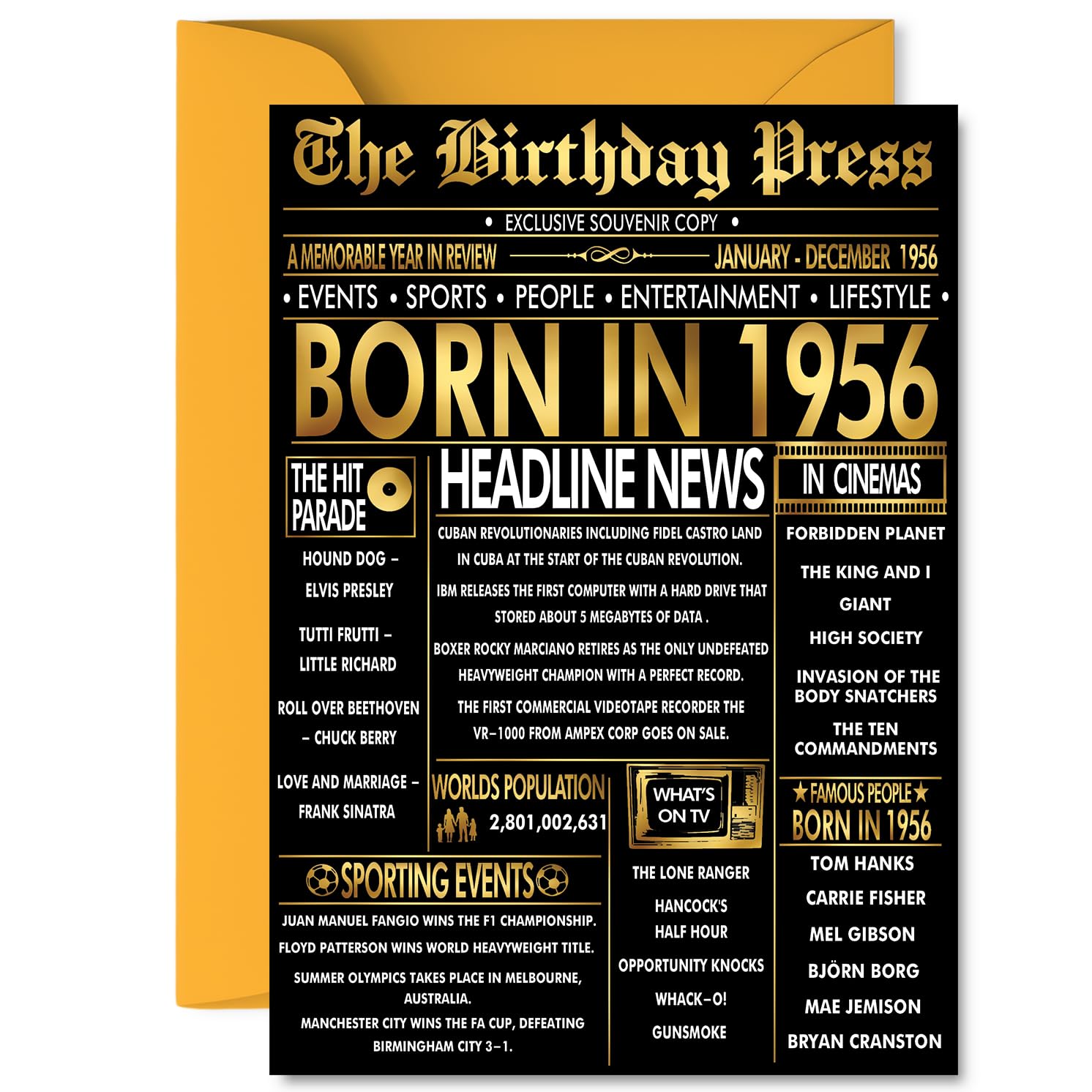 Gold 70th Birthday Card for Men Women - Black & Golden Newspaper Born in 1956 - Happy 70 Birthday Cards for Sister Auntie Grandma Wife Nanny Neighbour, A5 Bday Greeting Cards