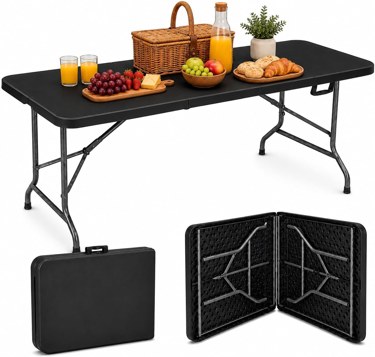 Mesa Dobrável Portátil Vira Maleta 180cm Reforçada até 150kg Camping Churrasco Jardim Sítio Compacta e Resistente MAAT BRAND (Preto)
