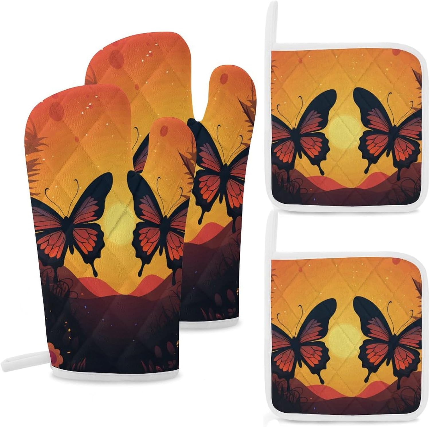 Oven Mitts Pot Holders Kitchen Two Butterflies at Sunset Heat Resistant Oven Glove for Baking and Cooking