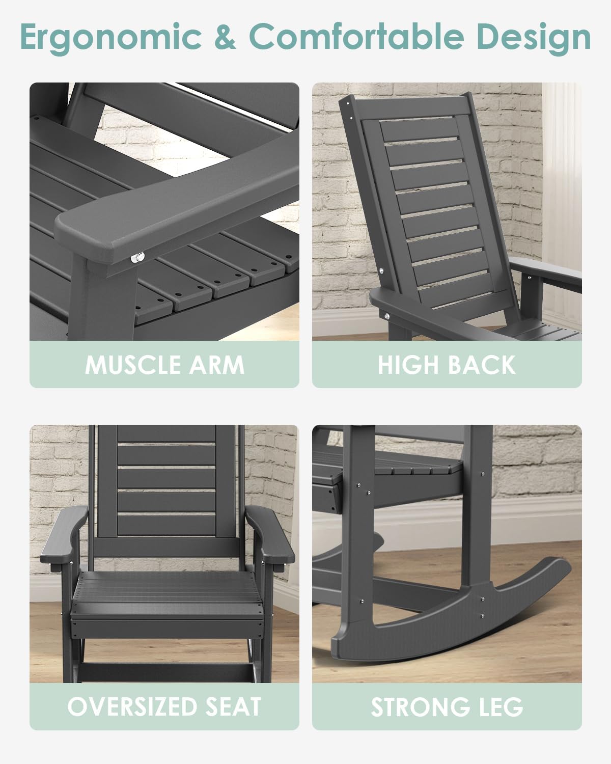 IVY&LANE Outdoor Rocking Chairs Set of 2 | Porch-Rockers | Grey | HDPE Plastic | All-Weather | High Back | Wide Seat | Oversized Patio Rocker for Adult | for Outside Deck Balcony Garden