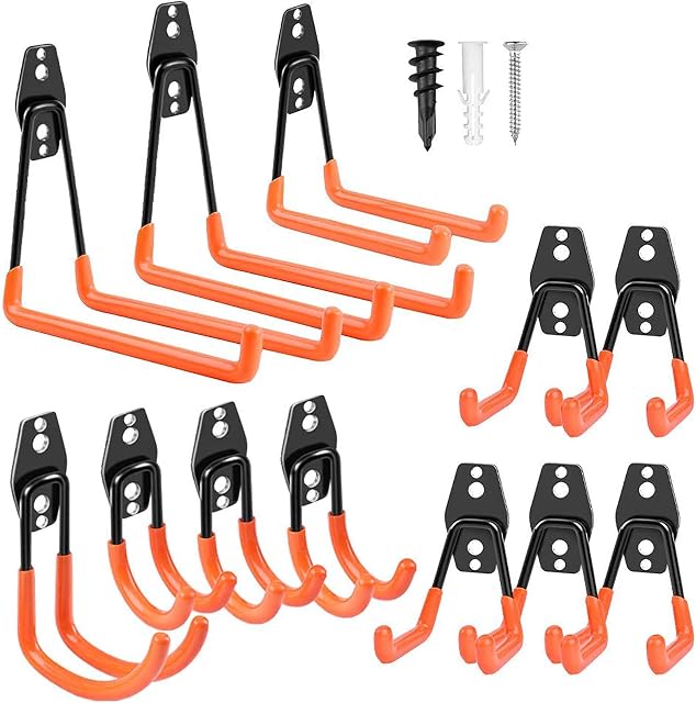 Garage Hooks Heavy Duty, Steel Garage Storage Hooks, Tool Hangers for Garage Wall Utility Wall Mount Garage Hooks and Hangers with Anti-slip Coating for Garden Tools, Ladders, Bulky Items (Pack of 12)
