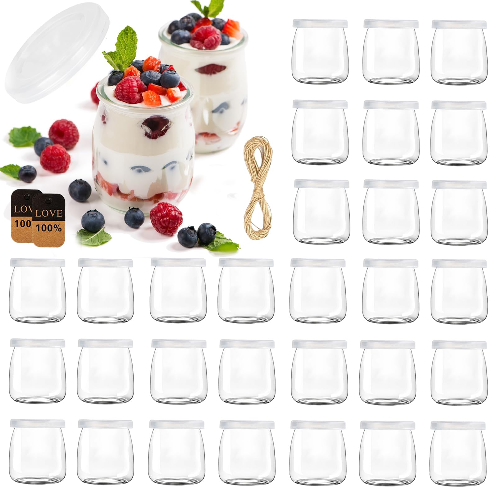 200ml Dessertgläser,Durchsichtige Joghurtgläser with Lid (30 Stück) - Joghurtgläser mit Deckel,Joghurt-Gläser, Weckgläser Glas Einweckgläser Tulpenglas für Marmeladen, Gelees, Honig, Desserts