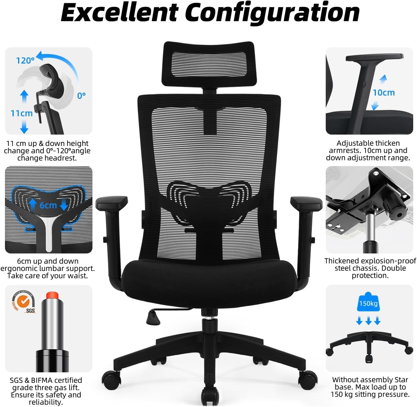 Daccormax Bürostuhl Ergonomisch, Schreibtischstuhl mit Verstellbarer Kopfstütze, Armlehnen, Lendenwirbelstütze, Drehstuhl Wippfunktion bis 135°, Chefsessel aus Mesh, 150kg